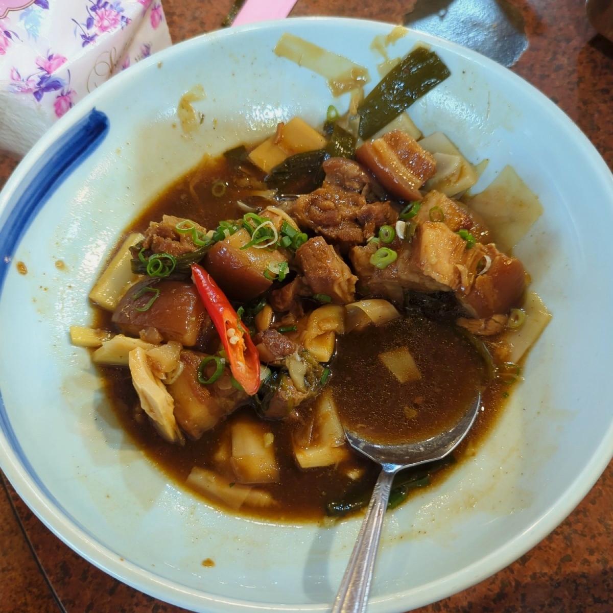 Braised pork belly with bamboo shoots. Tender, flavorful